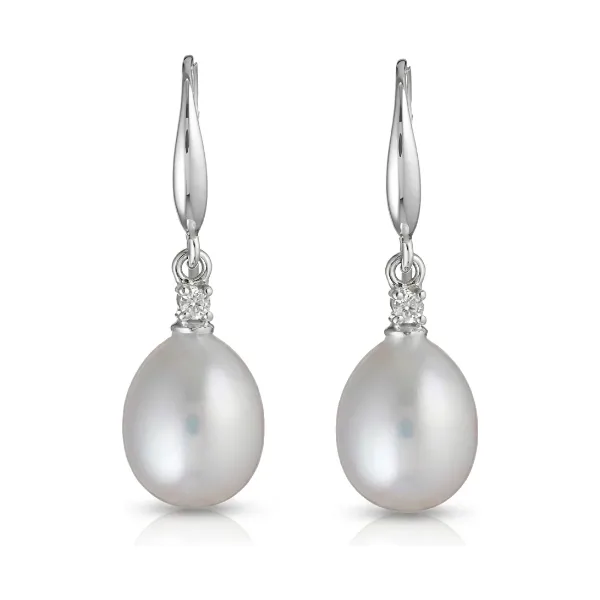 Freshwater Pearl Four Claw Diamond Hook Earrings  |  18ct White Gold 