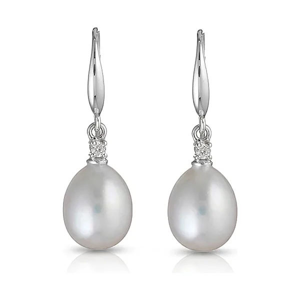 Freshwater Pearl Four Claw Diamond Hook Earrings  |  9ct White Gold 