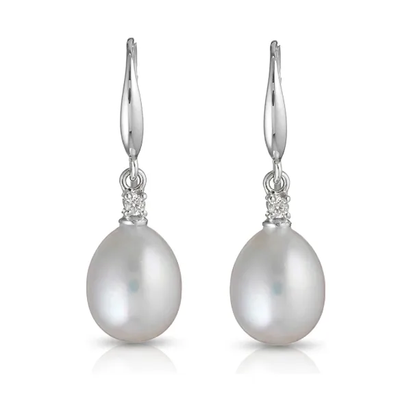Freshwater Pearl Four Claw Diamond Hook Earrings  |  9ct White Gold 
