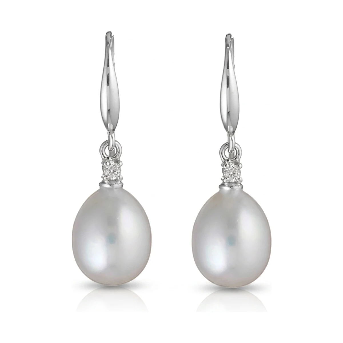 Freshwater Pearl Four Claw Diamond Hook Earrings  |  9ct White Gold 