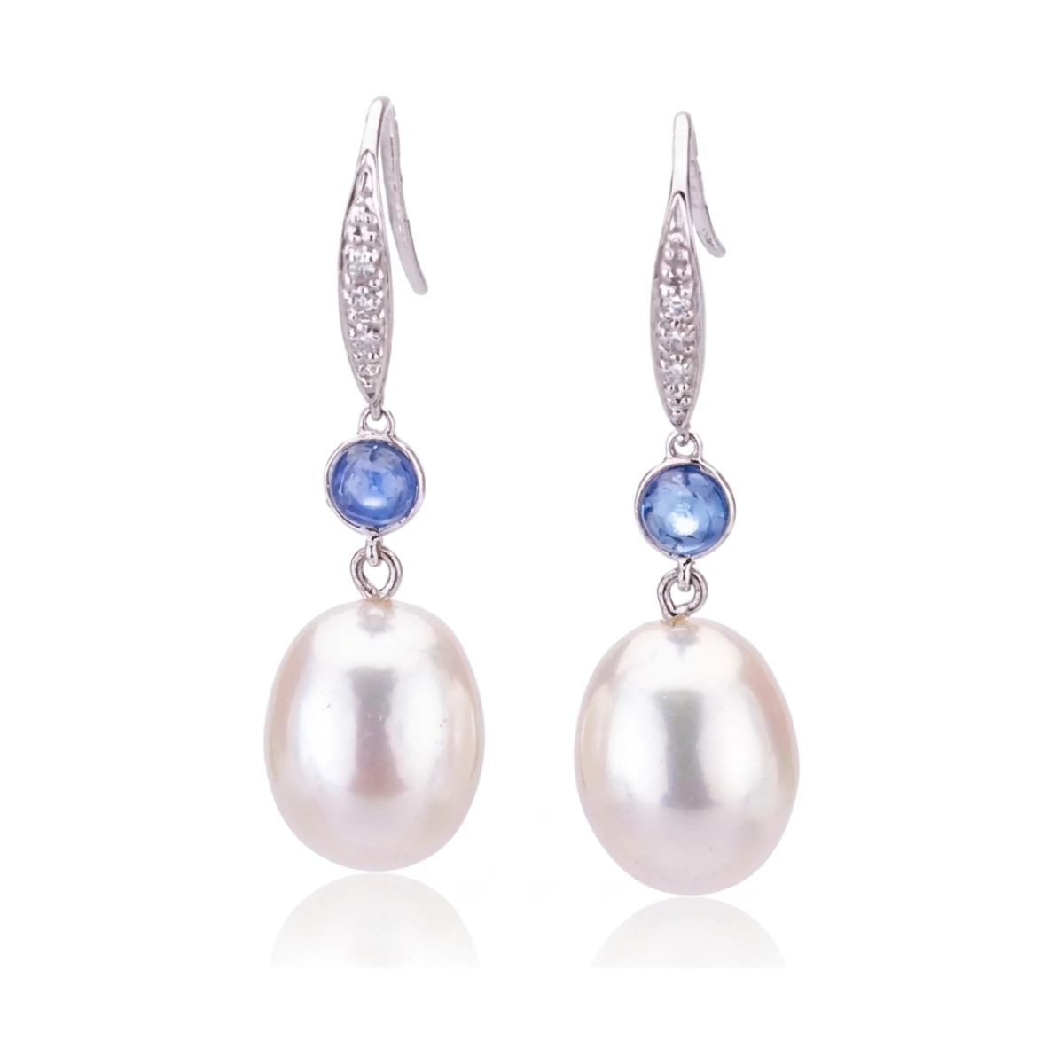 Freshwater Drop Pearl & Sapphire Diamond Hook Earrings  |  18ct White Gold