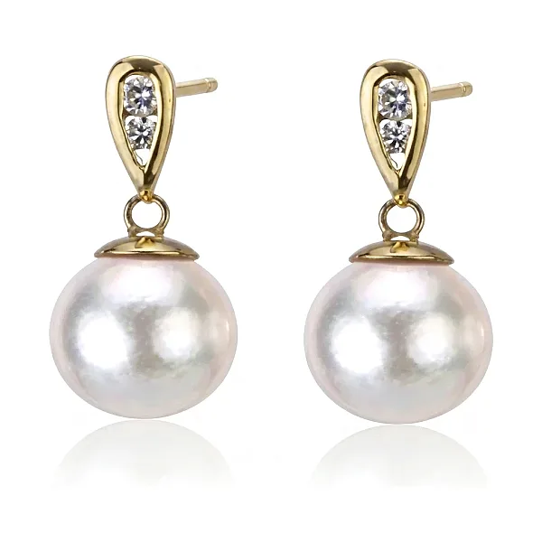 Akoya Pearl & Diamond Channel Set Earrings | 18ct Yellow Gold 
