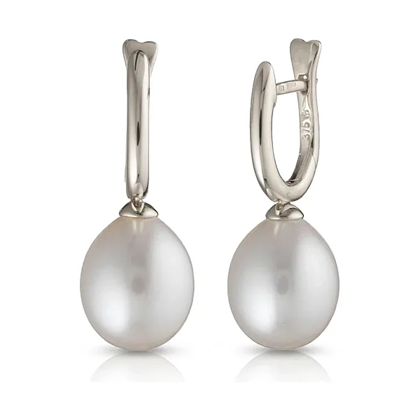 Freshwater Pearl Drop Huggie Earrings  |  9ct White Gold