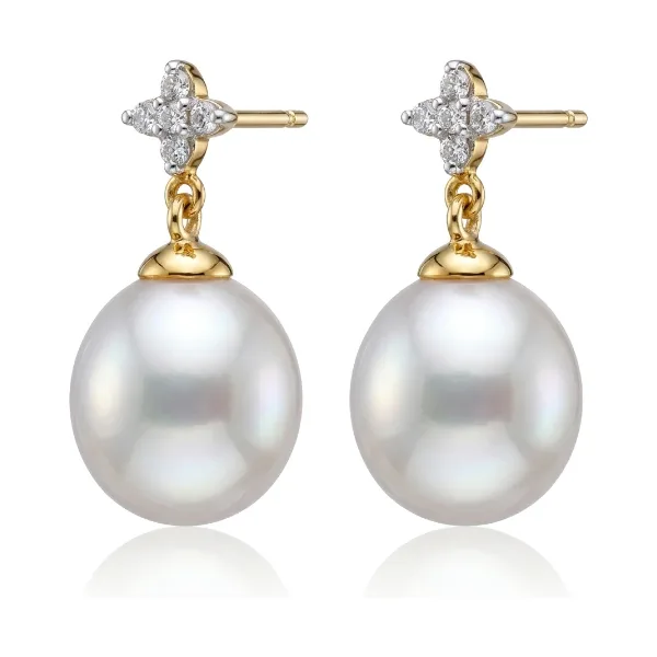 Diamond & Freshwater Cultured Pearl Drop Earrings  |  9ct Yellow Gold