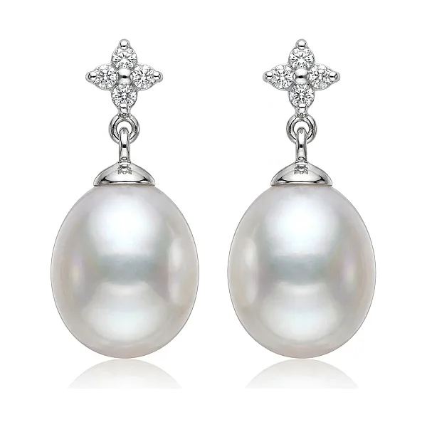 Diamond & Freshwater Cultured Pearl Drop Earrings  |  9ct White Gold