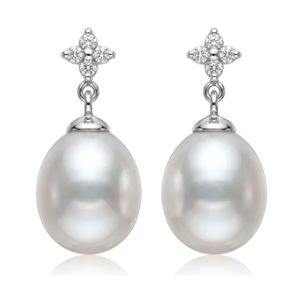 Diamond & Freshwater Cultured Pearl Drop Earrings  |  9ct White Gold
