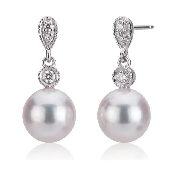 Akoya Pearl & Diamond Milgrain Drop Earrings  | 18ct white Gold 