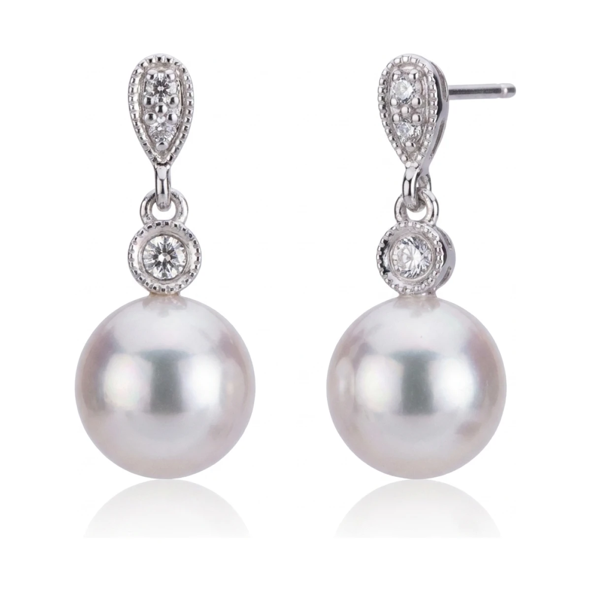 Akoya Pearl & Diamond Milgrain Drop Earrings  | 18ct white Gold 