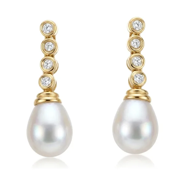Freshwater Pearl & Diamond Drop Earrings  |  14ct Yellow Gold
