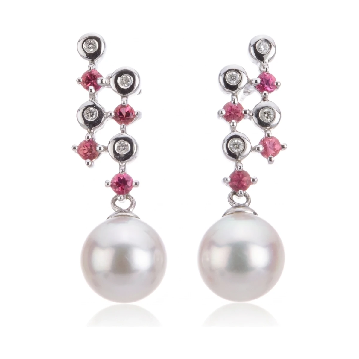 Akoya Pearl Diamond & Pink Tourmaline Drop Earrings  |  18ct White Gold