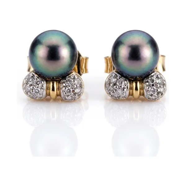 Black Akoya Pearl & Diamond Stud Earings  |  9ct Yellow Gold