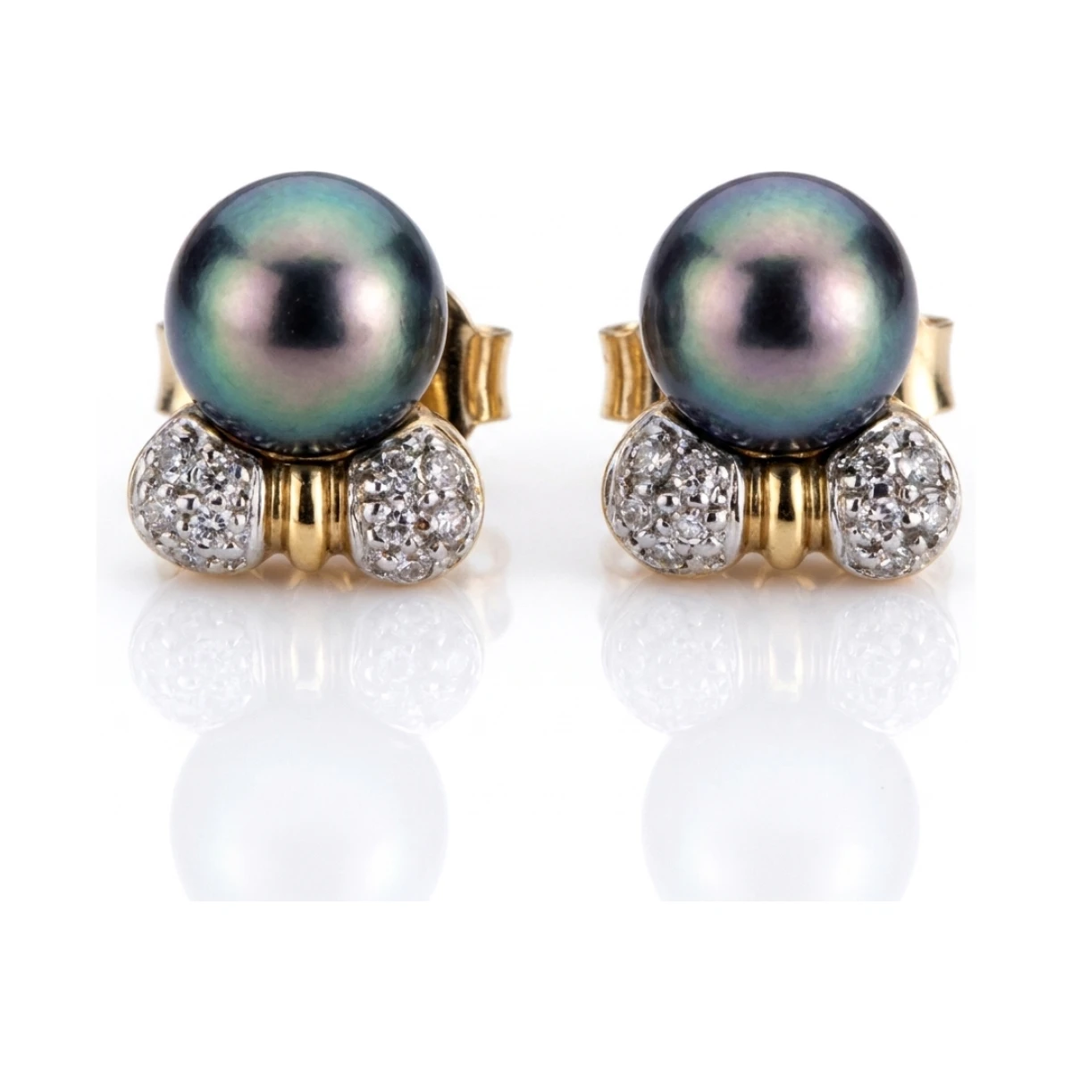 Black Akoya Pearl & Diamond Stud Earings  |  9ct Yellow Gold