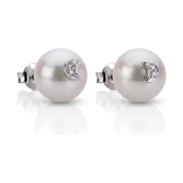 Akoya Pearl & Diamond Crescent Stud Earrings  |  14ct White Gold