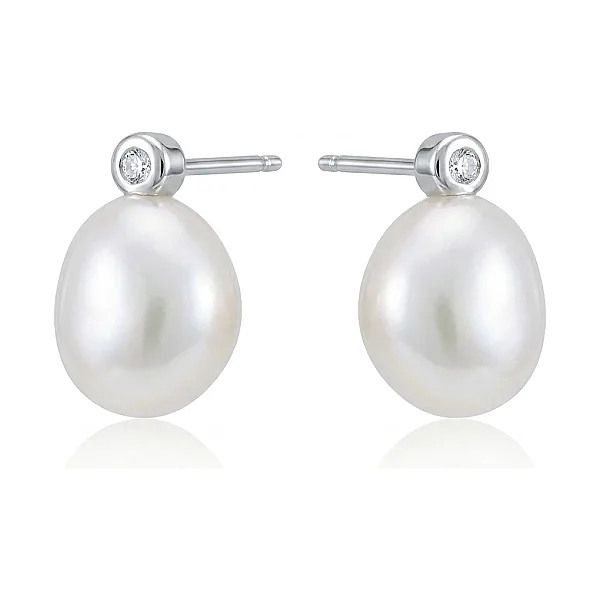 Freshwater Semi-baroque Pearl & Diamond Stud Earrings  |  9ct White Gold