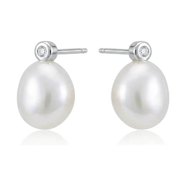 Freshwater Semi-baroque Pearl & Diamond Stud Earrings  |  9ct White Gold