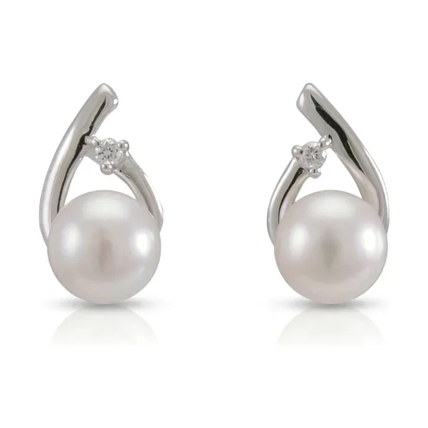 Freshwater Pearl & Claw Set Diamond Crossover Stud Earrings  |  9ct White Gold