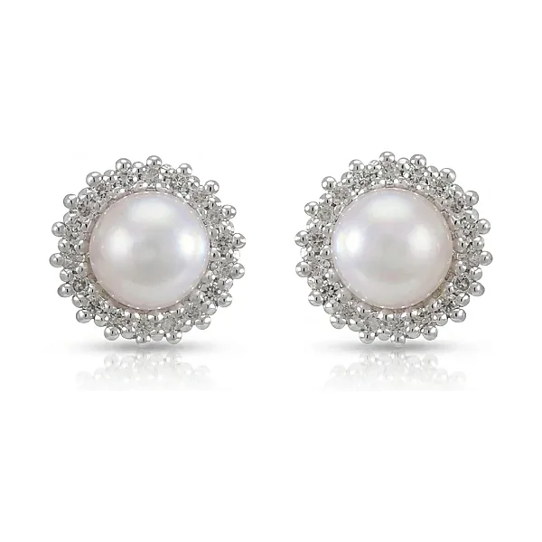 Freshwater Pearl and Diamond Halo Cluster Earrings  |  9ct White Gold