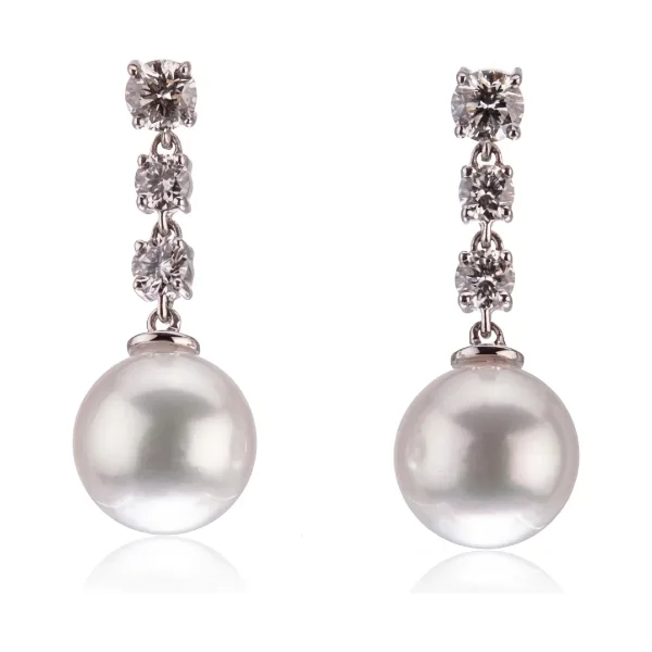 Akoya Pearl & Triple Diamond Drop Earrings  | 18ct White Gold 