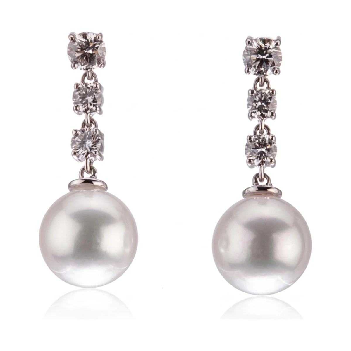Akoya Pearl & Triple Diamond Drop Earrings  | 18ct White Gold 