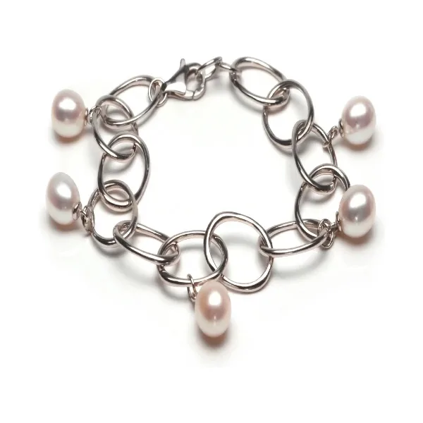 Large Oval Link Freshwater Drop Pearl Bracelet  |  Silver 
