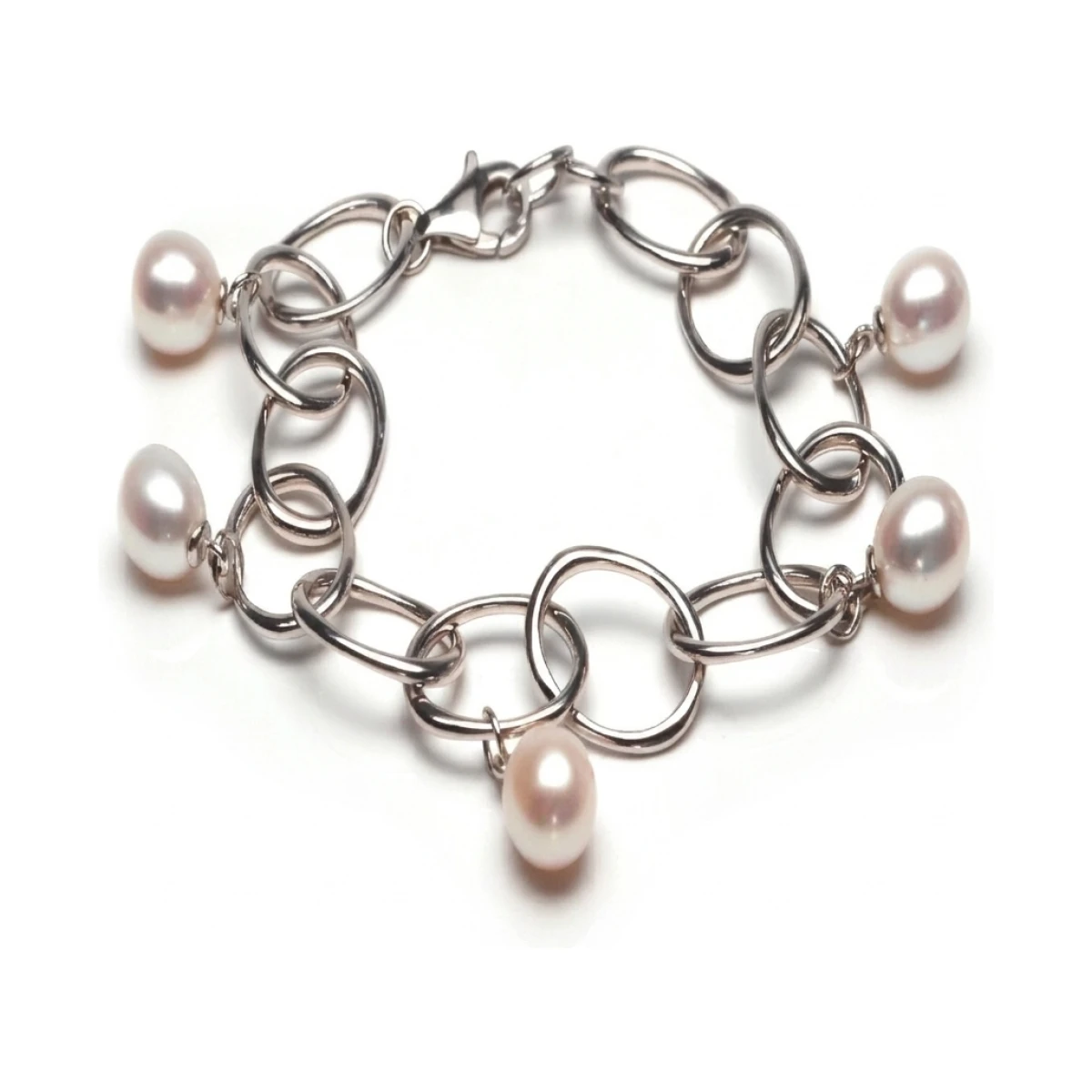 Large Oval Link Freshwater Drop Pearl Bracelet  |  Silver 