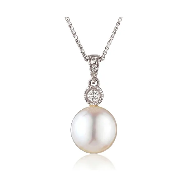 Vintage Style Freshwater Pearl & Diamond Pendant  |  9ct Gold