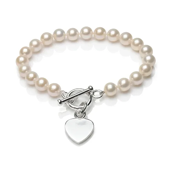 Freshwater Cultured Pearl Heart Toggle Bracelet  |  Silver