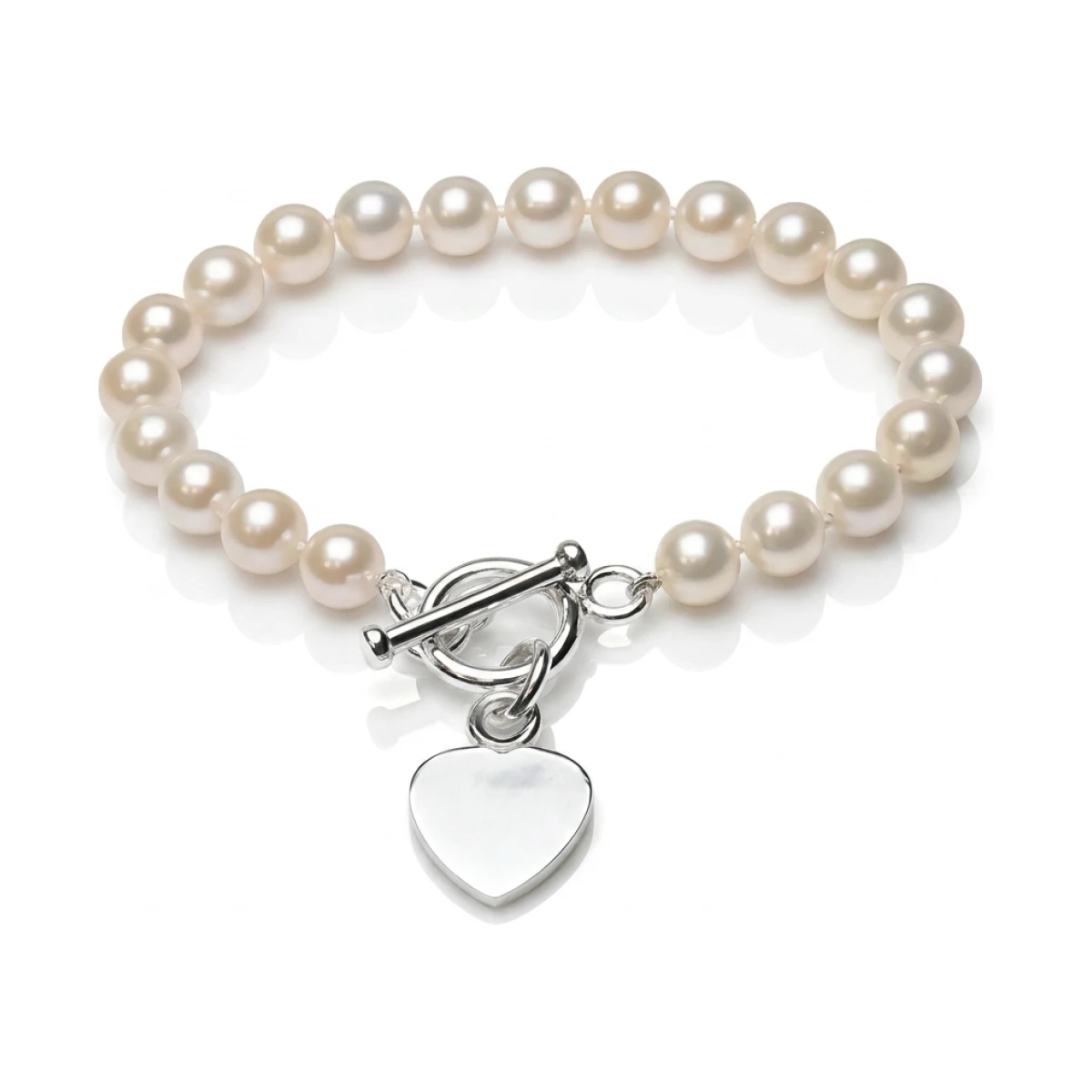 Freshwater Cultured Pearl Heart Toggle Bracelet  |  Silver