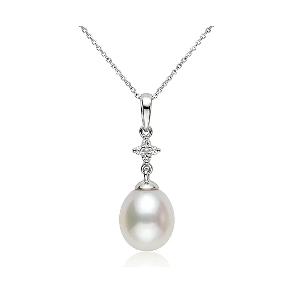 Freshwater Pearl & 4 stone Diamond Drop Pendant  |  Gold