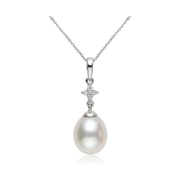 Freshwater Pearl & 4 stone Diamond Drop Pendant  |  Gold