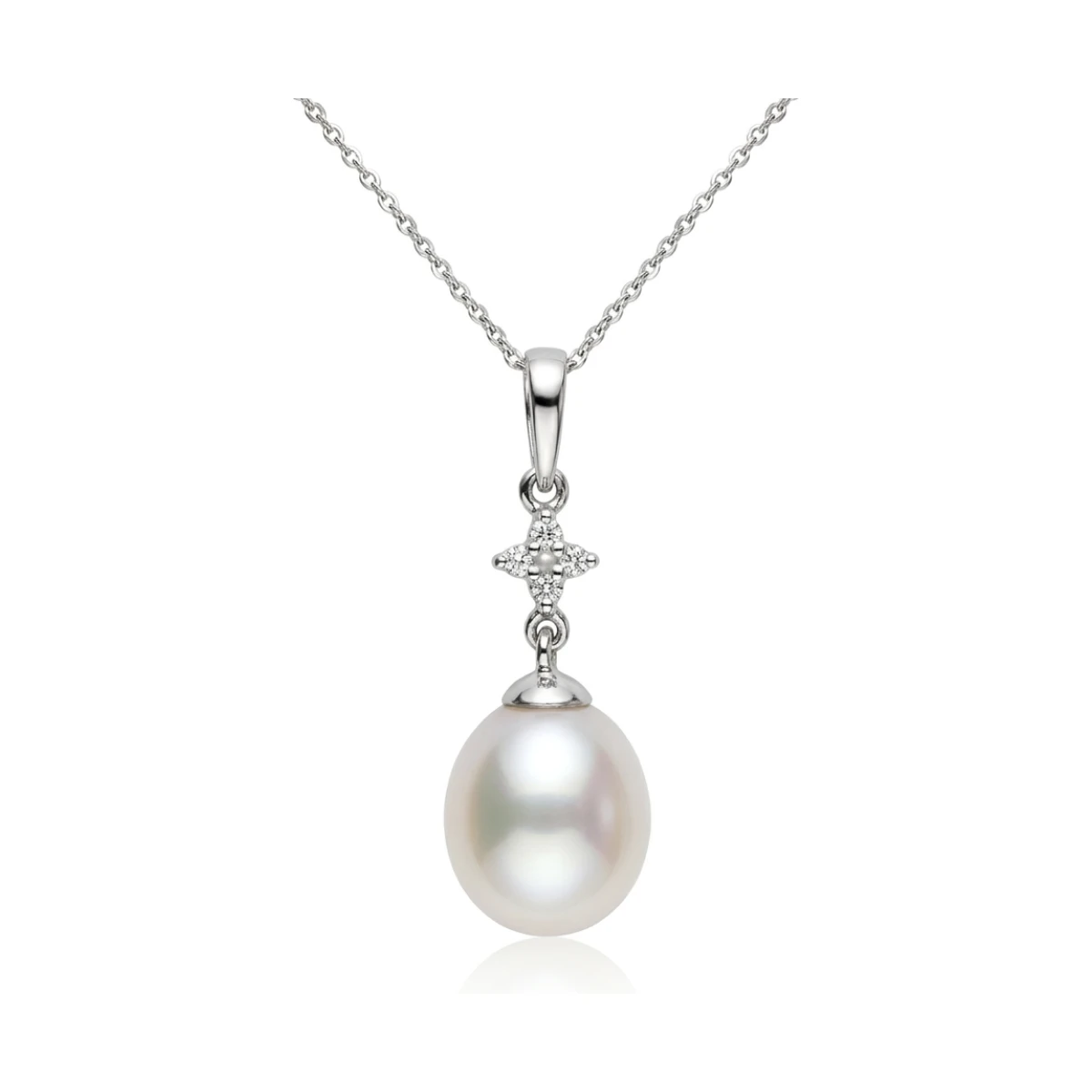 Freshwater Pearl & 4 stone Diamond Drop Pendant  |  Gold