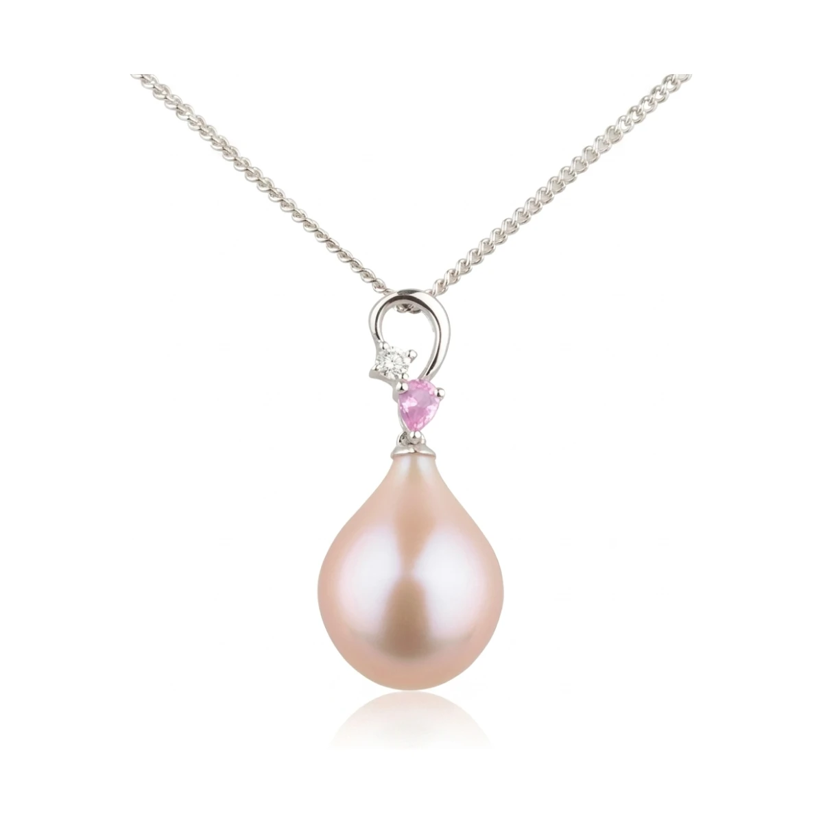Freshwater Drop Pearl Diamond & Sapphire Pendant  |  18ct White Gold