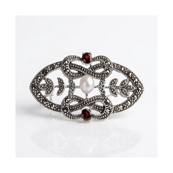 Freshwater Pearl & Marcasite Garnet Brooch  |  Silver