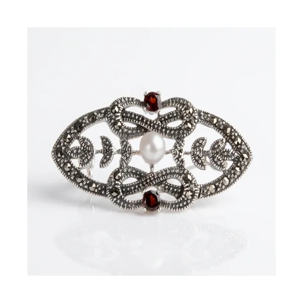Freshwater Pearl & Marcasite Garnet Brooch  |  Silver