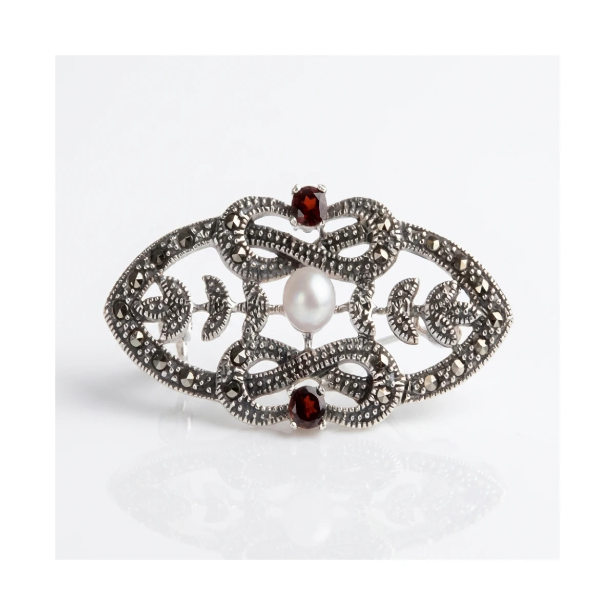 Freshwater Pearl & Marcasite Garnet Brooch  |  Silver