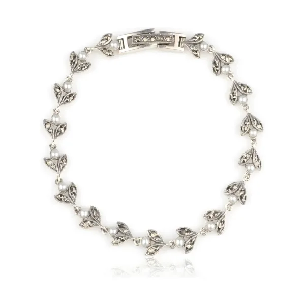 Antique Style Freshwater Seed Pearl & Marcasite Bracelet  |  Silver