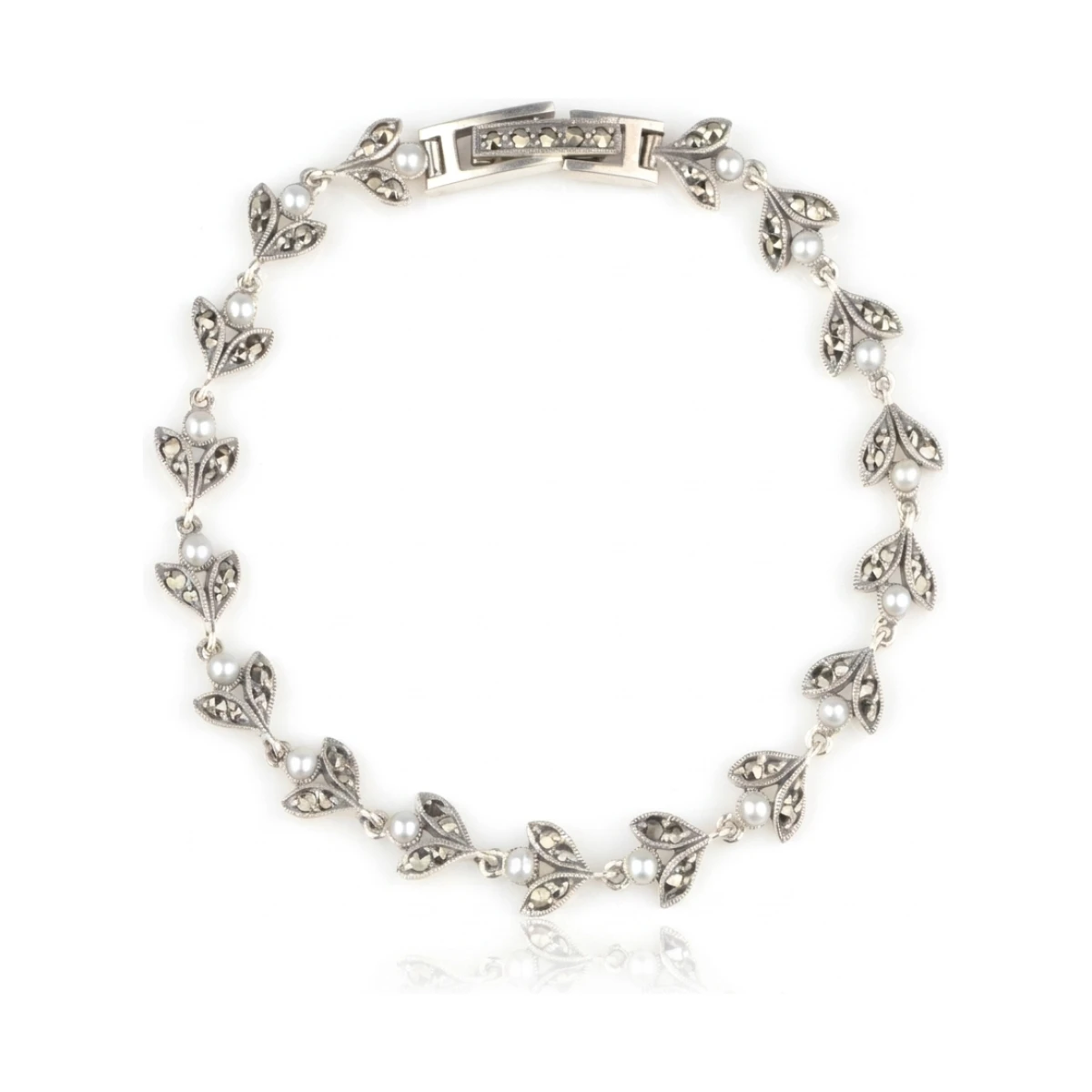 Antique Style Freshwater Seed Pearl & Marcasite Bracelet  |  Silver