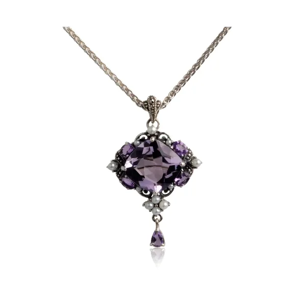 Freshwater Seed Pearl Marcasite & Amethyst Brooch/Pendant | Silver 