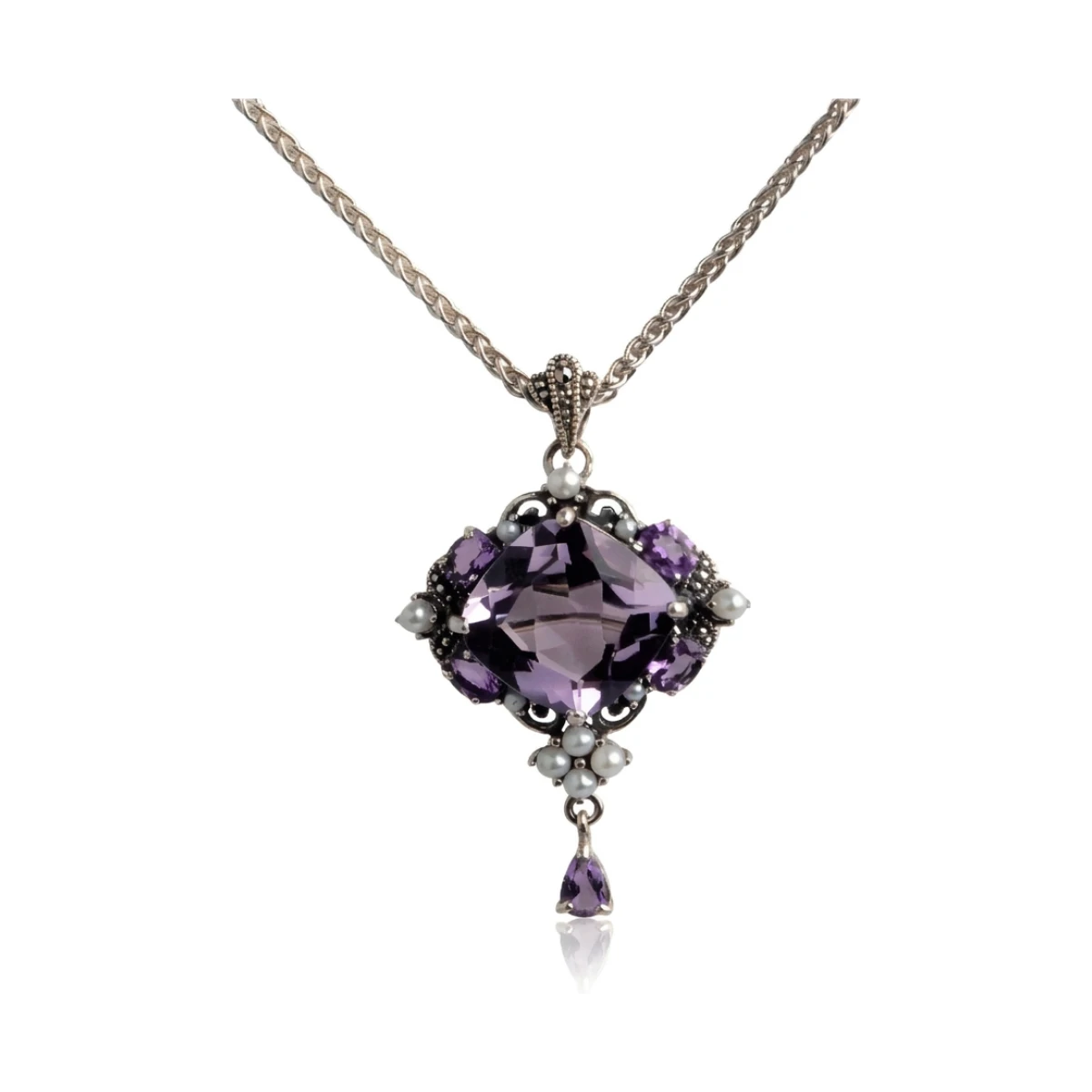 Freshwater Seed Pearl Marcasite & Amethyst Brooch/Pendant | Silver 