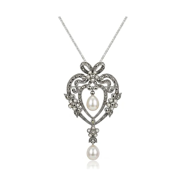 Freshwater Pearl Antique Design Marcasite Brooch/Pendant  |  Silver