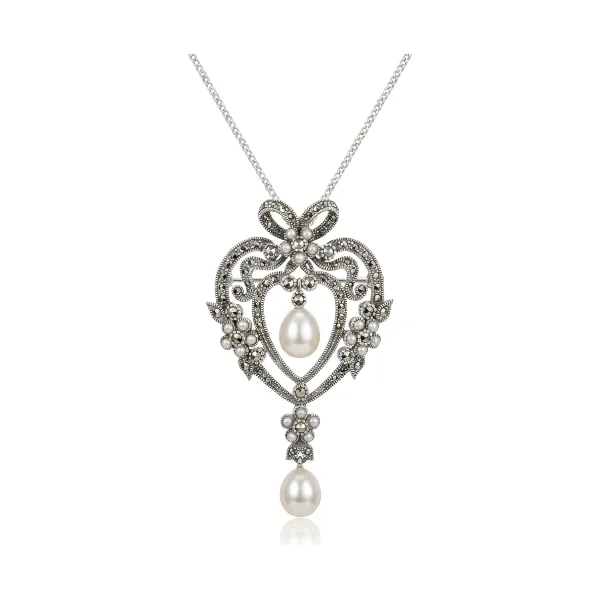 Freshwater Pearl Antique Design Marcasite Brooch/Pendant  |  Silver