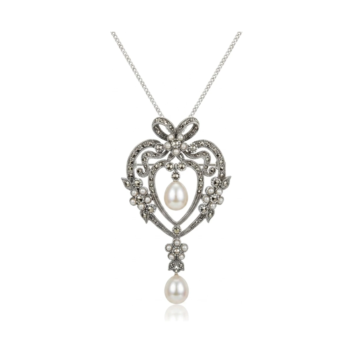 Freshwater Pearl Antique Design Marcasite Brooch/Pendant  |  Silver