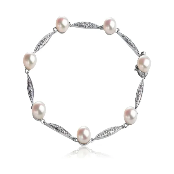 Vintage Style Freshwater Button Pearl & Diamond Bracelet  |  9ct White Gold