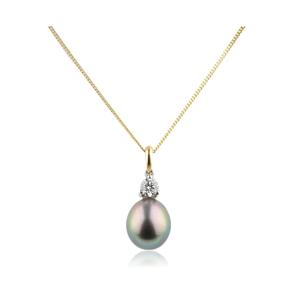 Drop Shape Tahitian Pearl & Diamond Pendant  |  18ct Yellow Gold