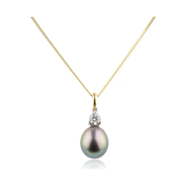 Drop Shape Tahitian Pearl & Diamond Pendant  |  18ct Yellow Gold
