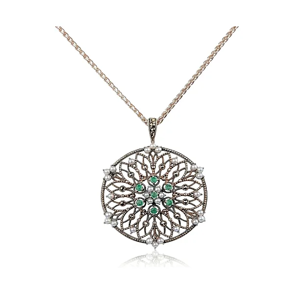 Freshwater Cultured Pearl Emerald & Marcasite Brooch/Pendant | Silver 