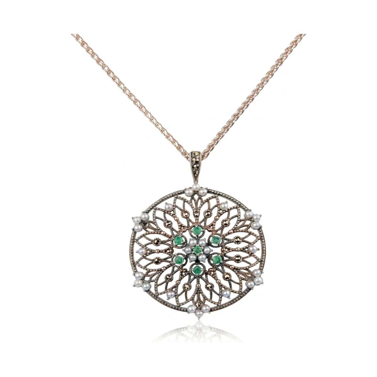 Freshwater Cultured Pearl Emerald & Marcasite Brooch/Pendant | Silver 