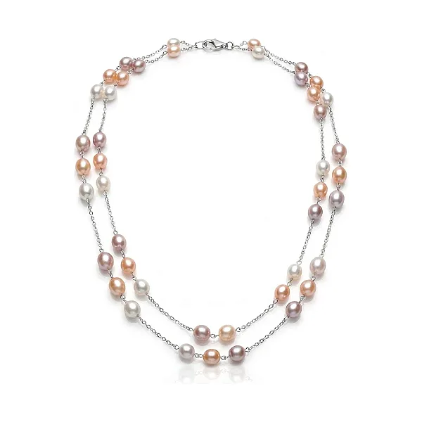 Multicolour Freshwater Pearl & Chain Necklace  |  Silver