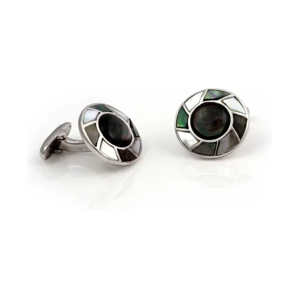 Circular Black & White Mother of Pearl Inlay Cufflinks | Silver