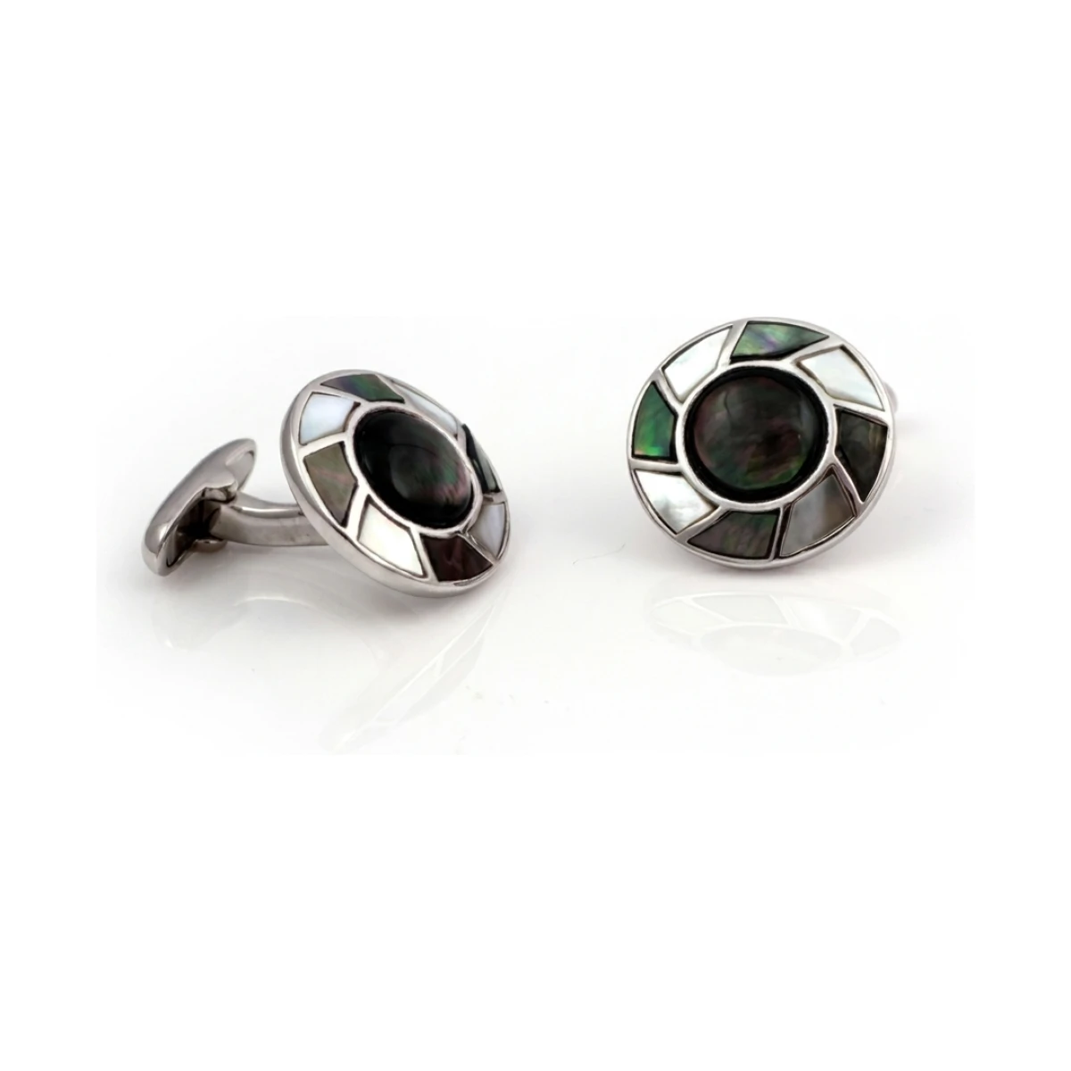 Circular Black & White Mother of Pearl Inlay Cufflinks | Silver